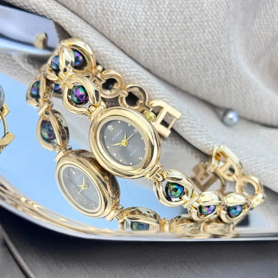 Ladies’ Oval Sun Print Rhinestone Dial Elegant Lady Quartz Watch