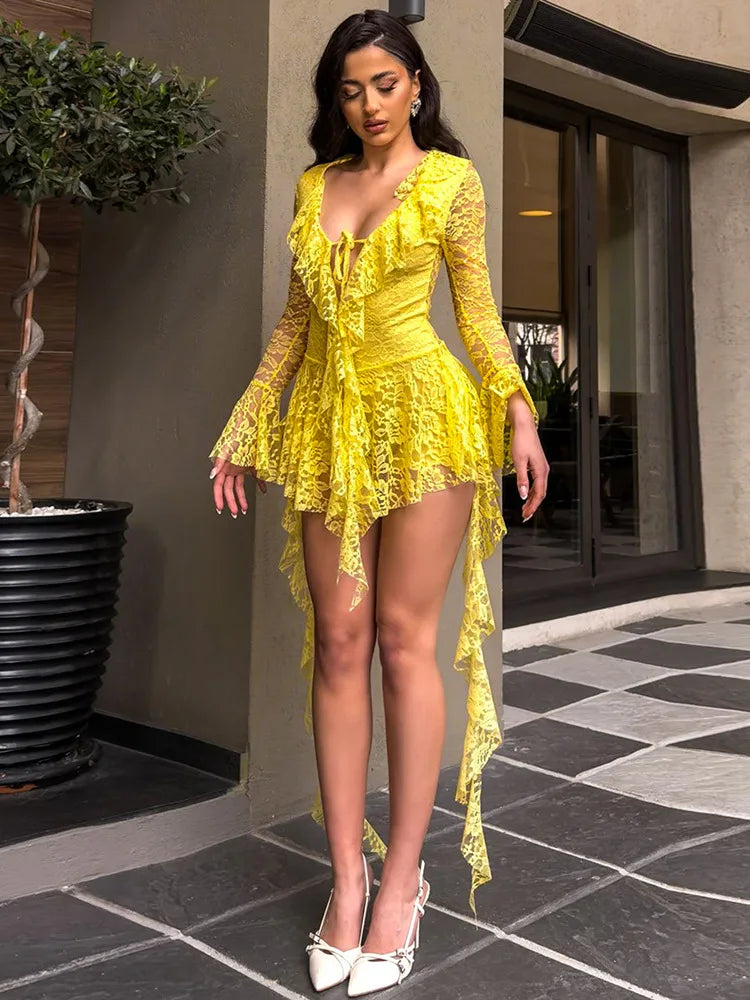 Lace Ruffled Streamer Dress For Women