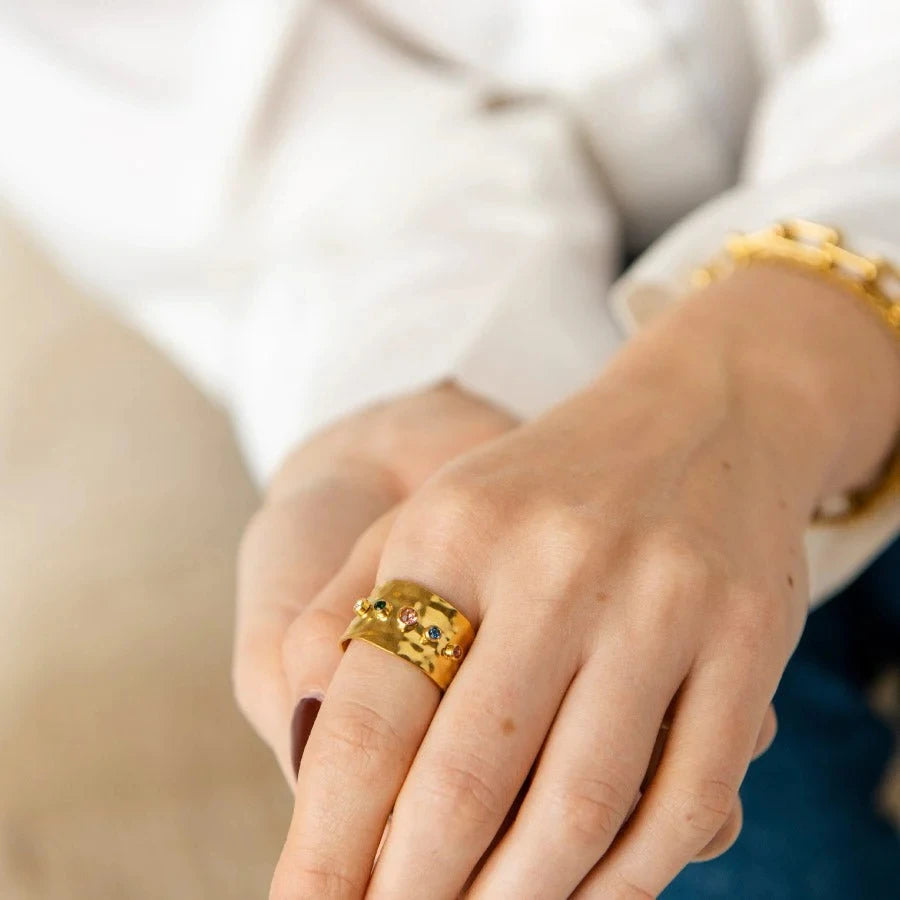 Colorful Cubic Zircon CZ Stone Crystal Wide Stainless Steel Waterproof Ring