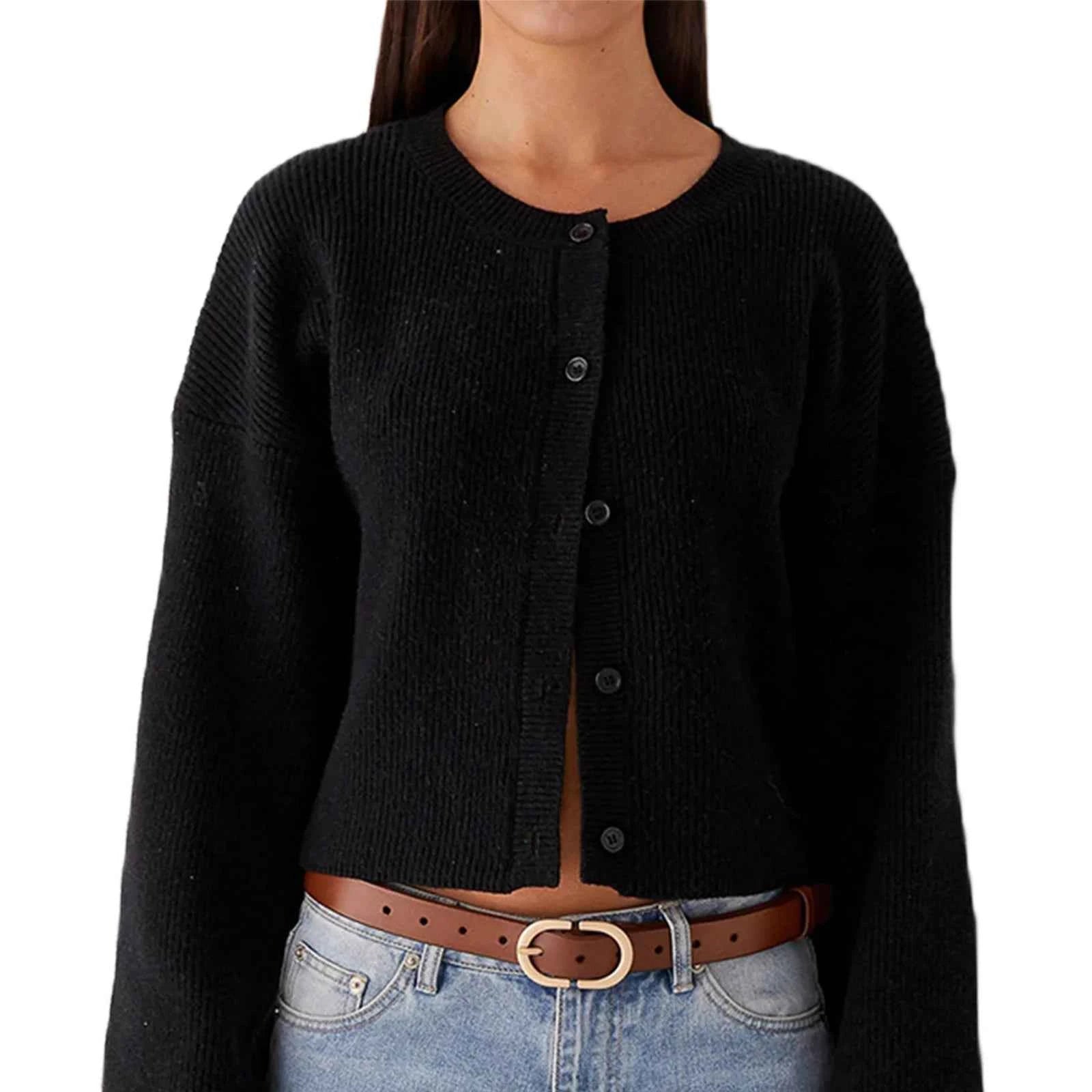 Women Casual Loose O-neck Single Breasted Long Sleeve Sweaters