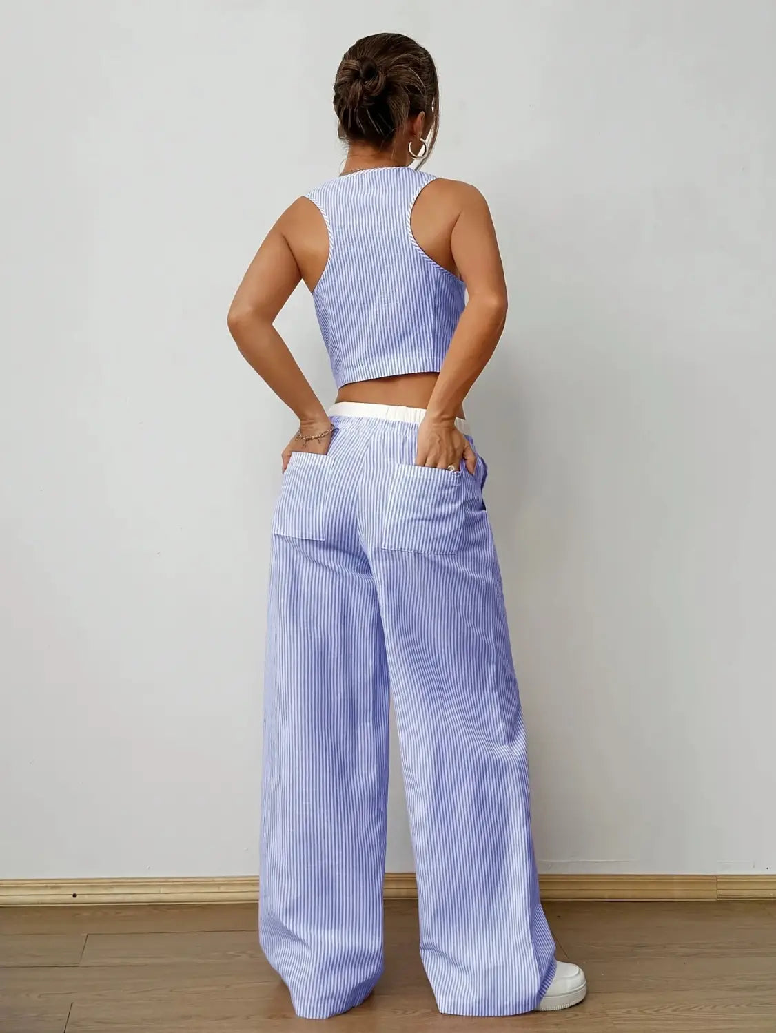 Striped Sleeveless V-Neck Vest + Waist Contrast Color Trousers Two-Piece Set