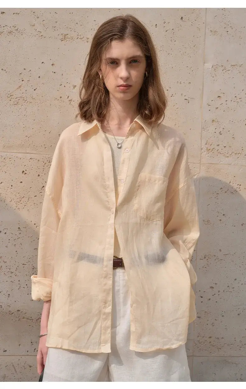 Women’s Lapel Long-Sleeved White Casual Loose Blouse