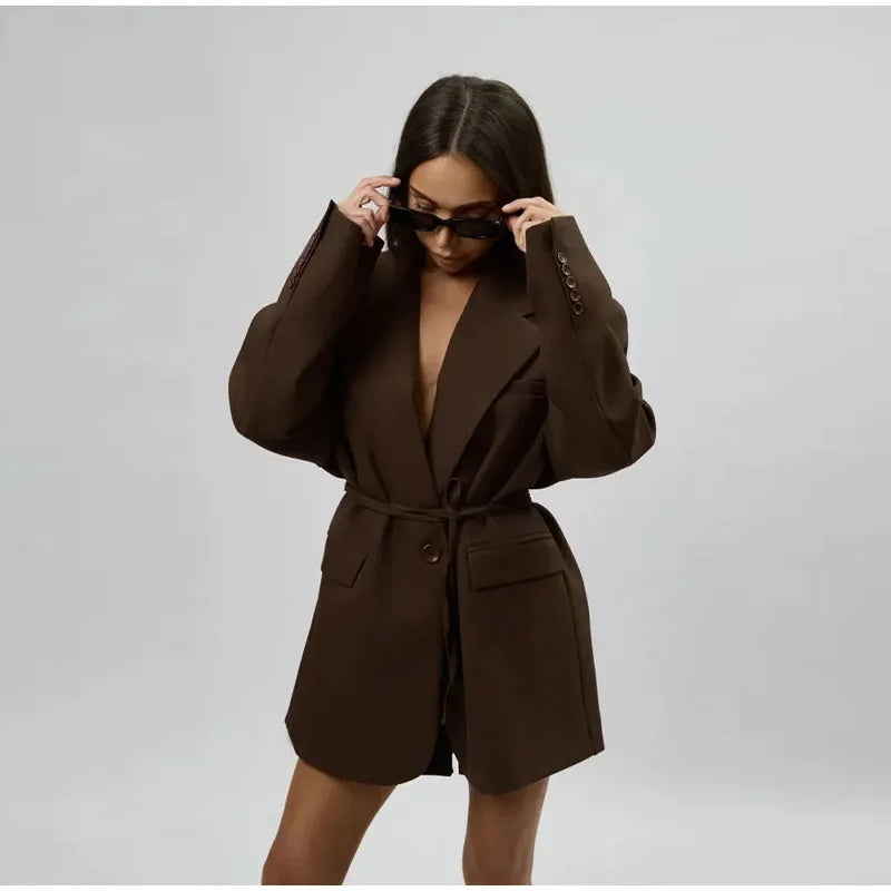 Women’s Tie Waist Blazer Coat Oversized Padded Shoulder