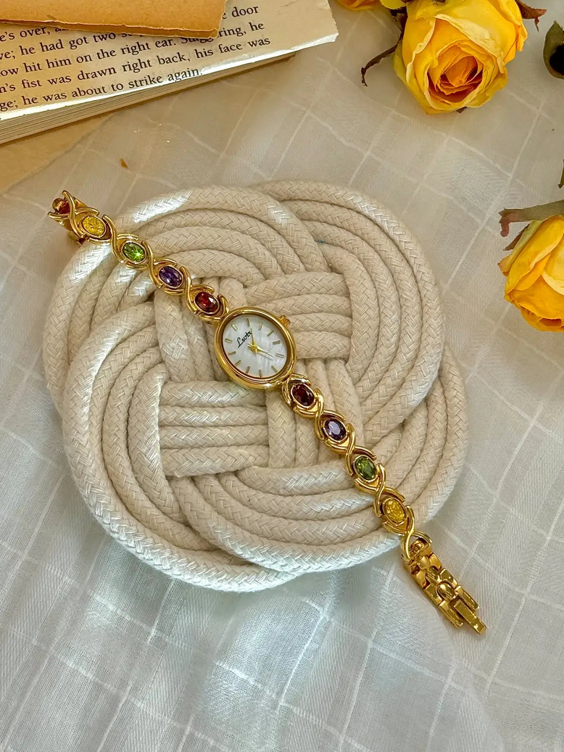 Colorfuled Tourmaline Gem Rhinestone Retro Elegant Fashion Women’s Watch Oval Mother-Of-Pearl Dial