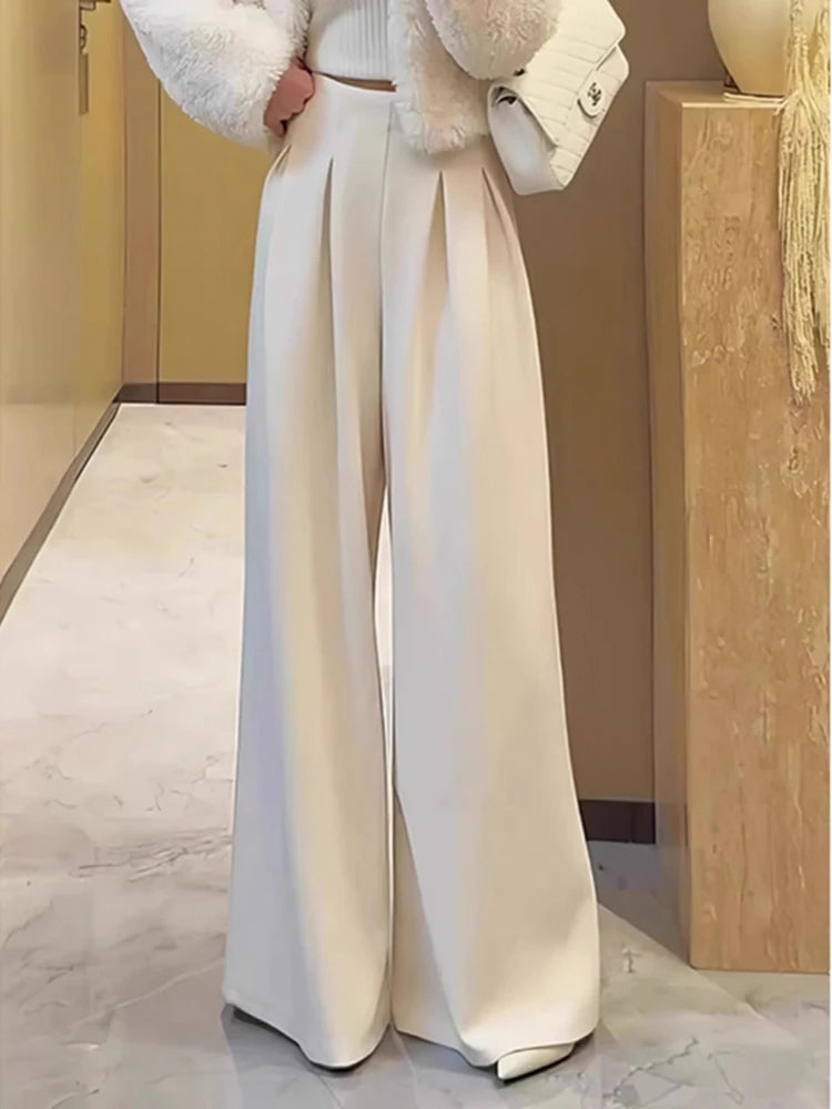 Retro High-end Pleated High-waisted and White Drape Floor Pants for Women