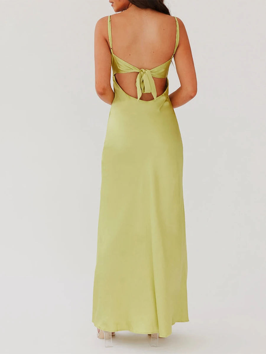Women Cami Dress Solid Color Sleeveless Tie-Up Front Backless