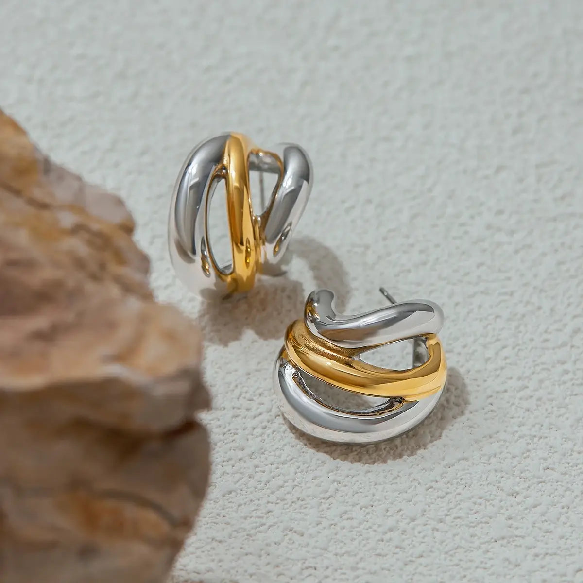 Plated Stainless Steel Double Color Irregular Hollow Line Ears Studs