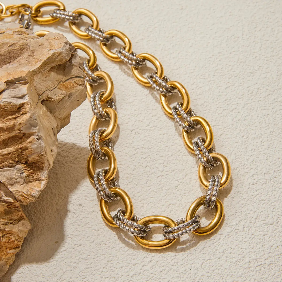 Stainless Steel Double Color Oval Smooth Fried Dough Twists Necklace