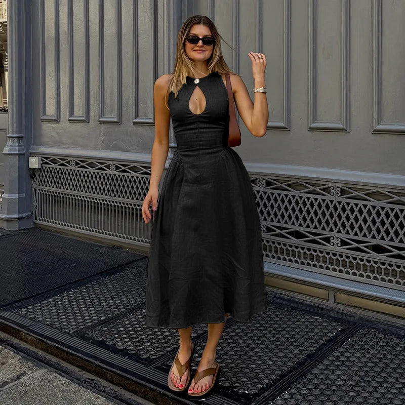 Elegant Single Button Hollow Out Midi Dress for Women - Norellé