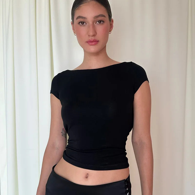 O Neck Short Sleeve Backless Ruched Crop Top