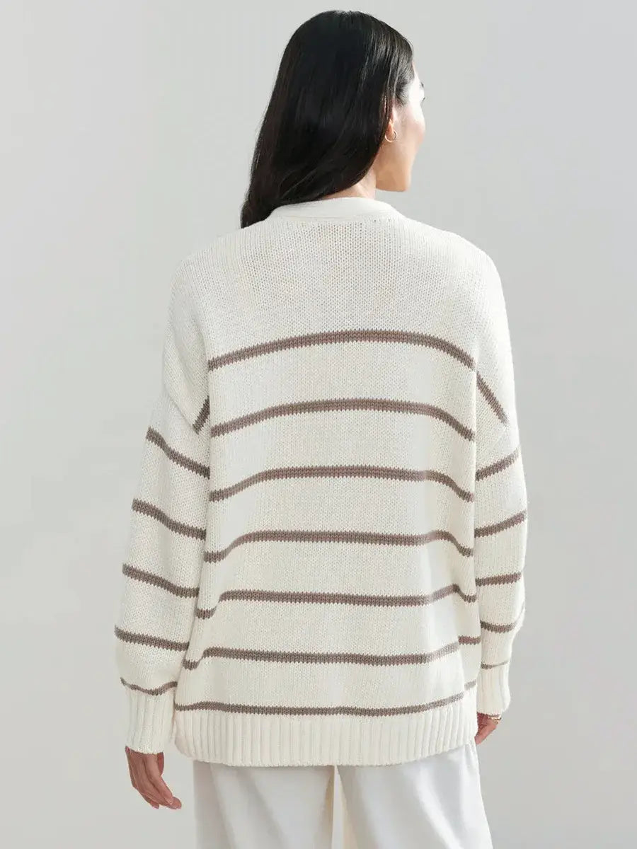 Women’s Striped Knit Cardigan V Neck Cotton Loose Fit