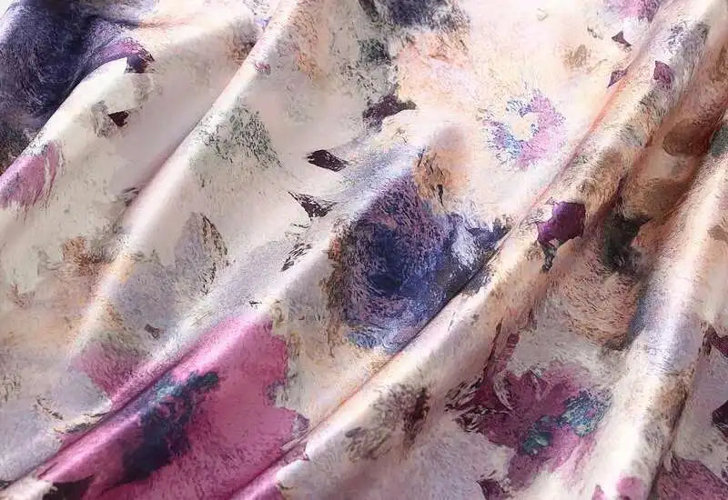Women Spring Summer Floral Print Satin Long Skirt