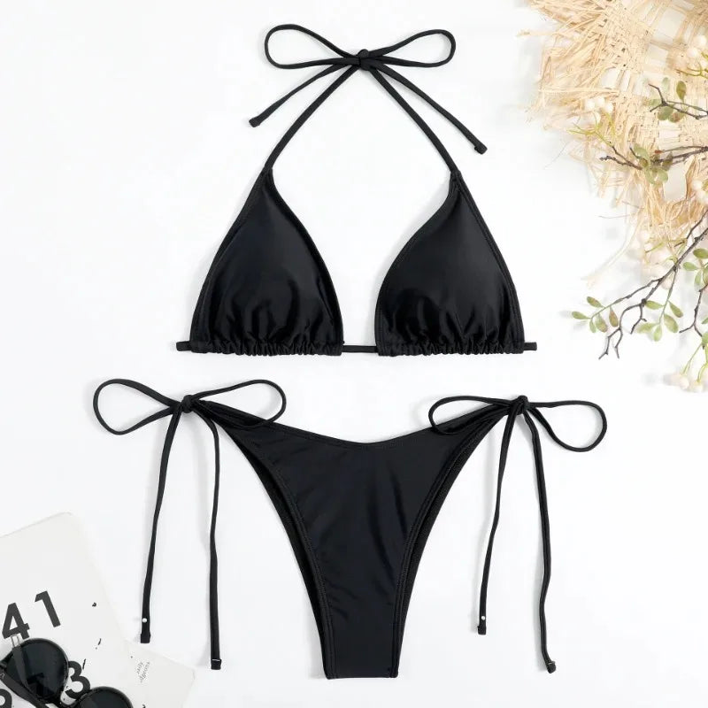 Women Thong Solid Color Bikini Set Side Halter Tie Swimsuit - Norellé