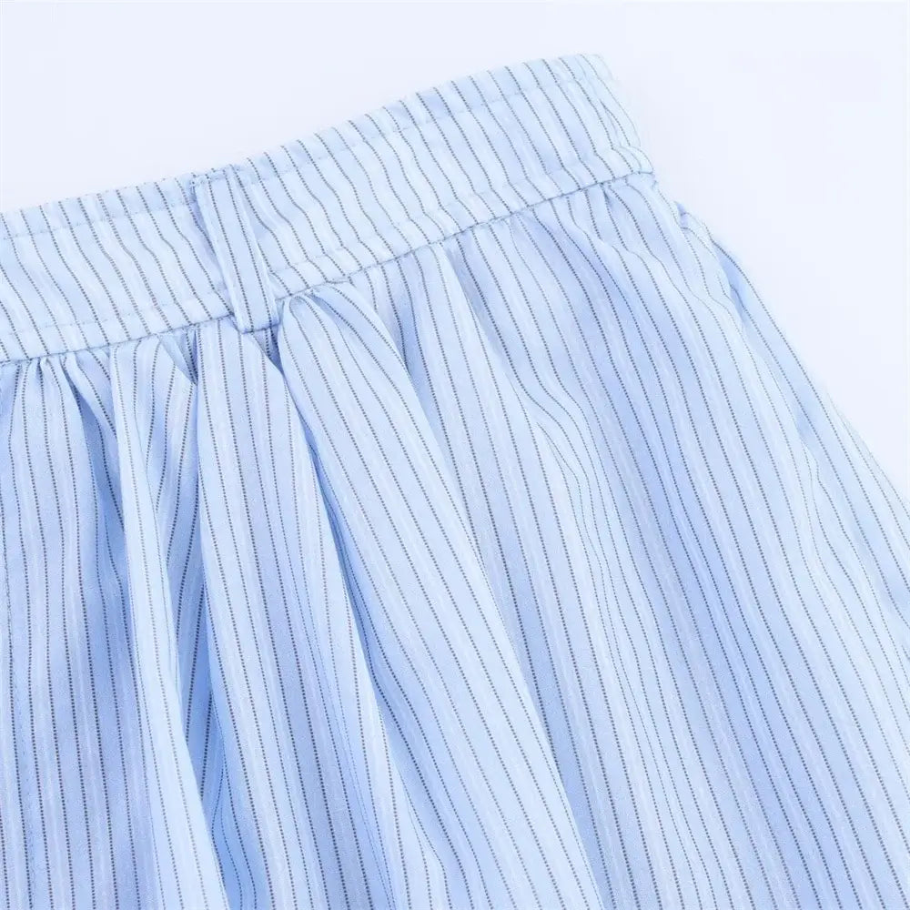 Women’s Lace Detail Striped Short Shirt Fluffy Mid Waist Skirt Pants Set