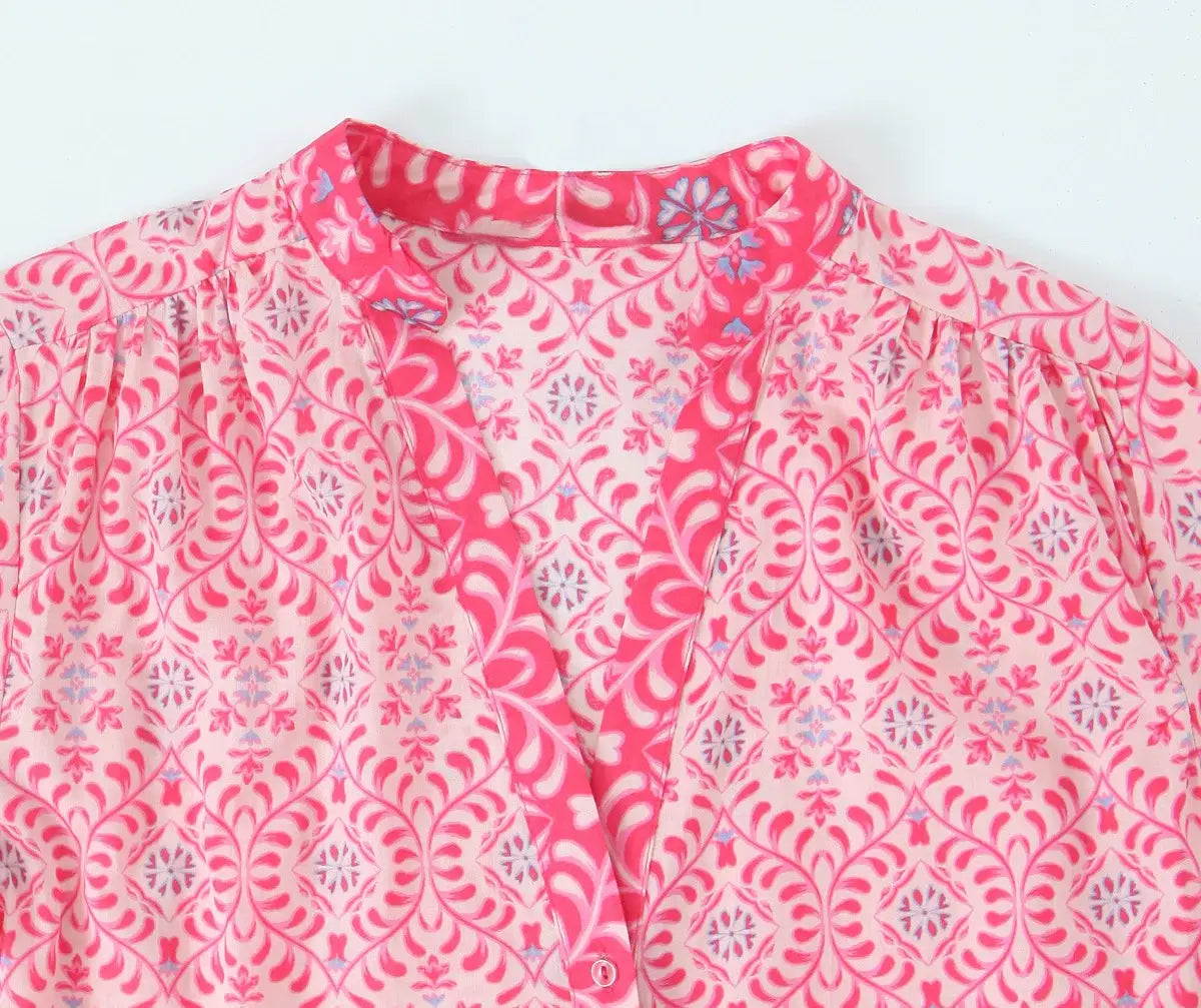 Women Elegant V Neck Floral Print Casual Shirt Midi Dress