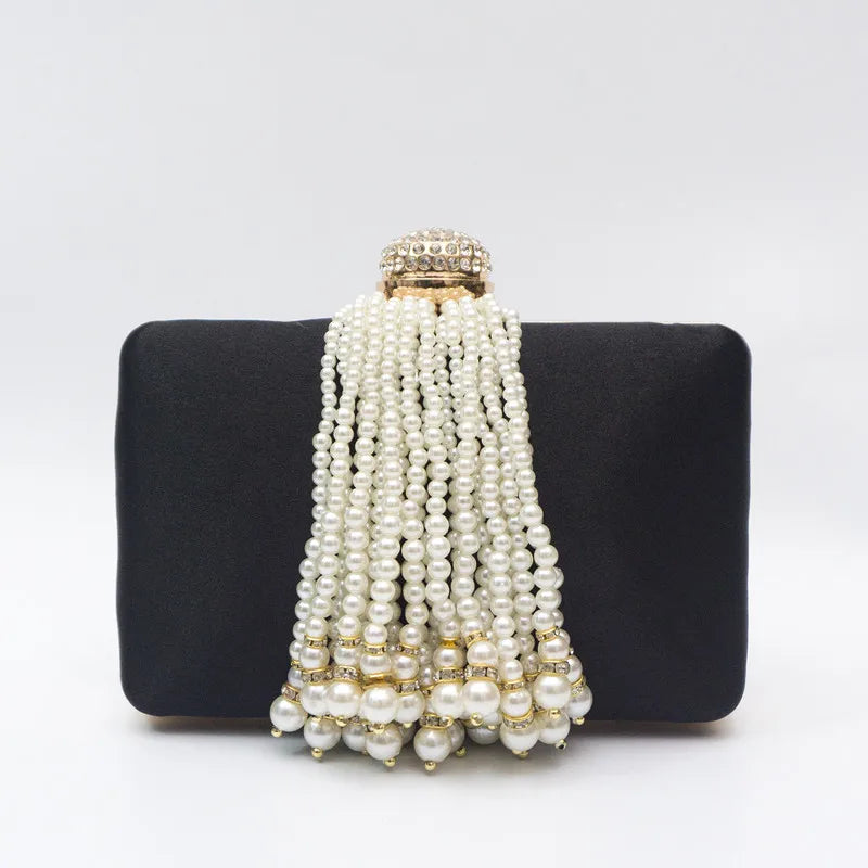 Women Pearl Tassel Satin Evening Bag