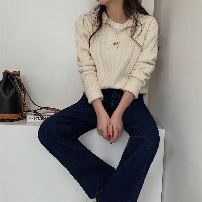 Turn-down Collar Solid Women’s Sweater