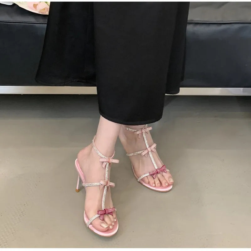 Sweet Pink Bowknot Rhinestones T-Strap Women Gladiator Sandals