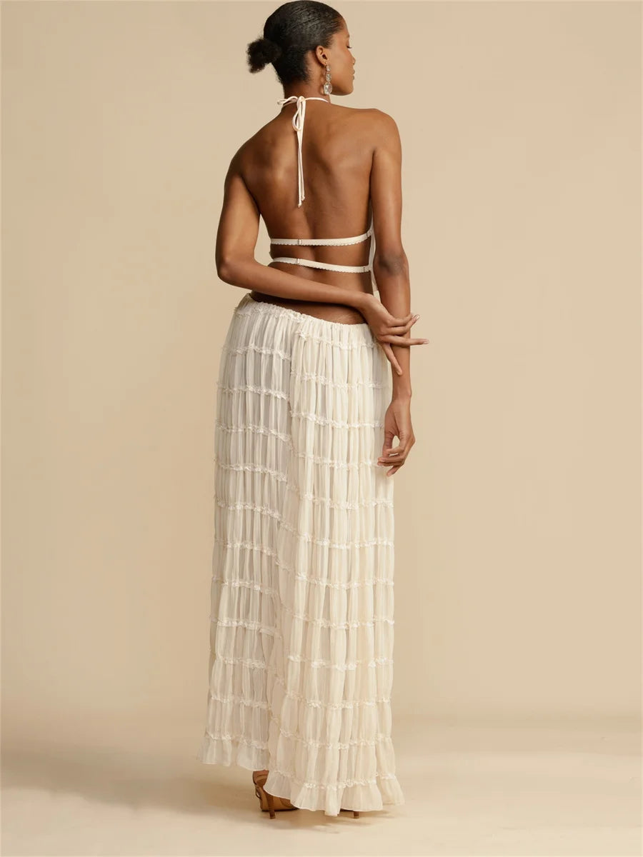 Fashion Solid Halter Neck Long Skirt Suit Women