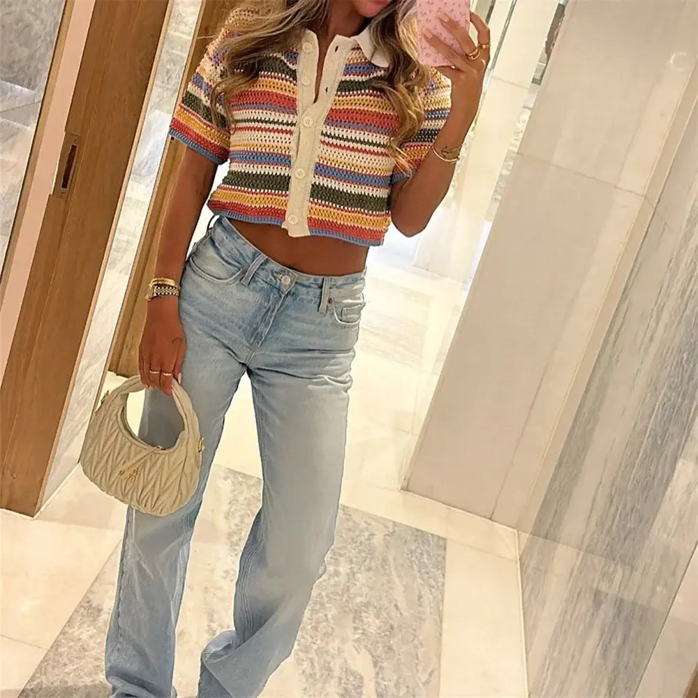 Women’s Casual Stripe Printed Short Sleeve Flip Collar Cardigan Shorts Set