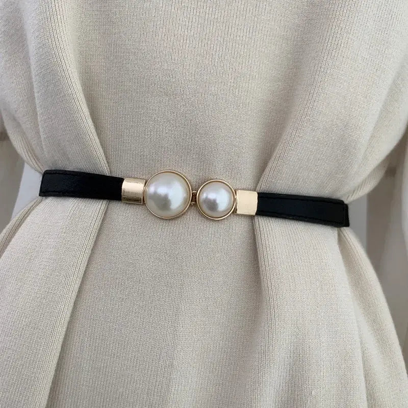 Elegant Double Pearls Buckle Elastic Women Belts