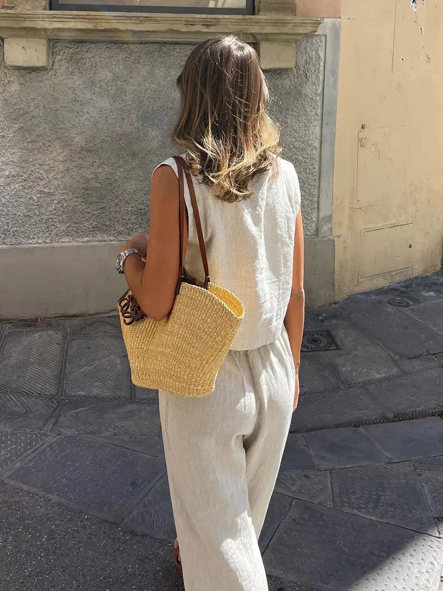 Cotton Linen Vest Pants Set Women