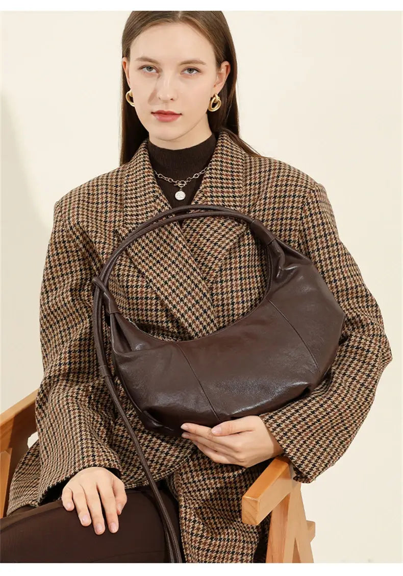 Cowhide Genuine Leather Half Moon Shoulder Bag