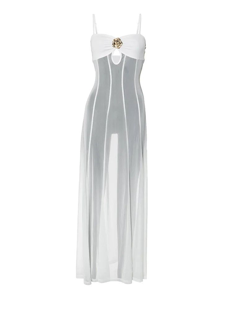 See Through Metal Flower Women Maxi Dress