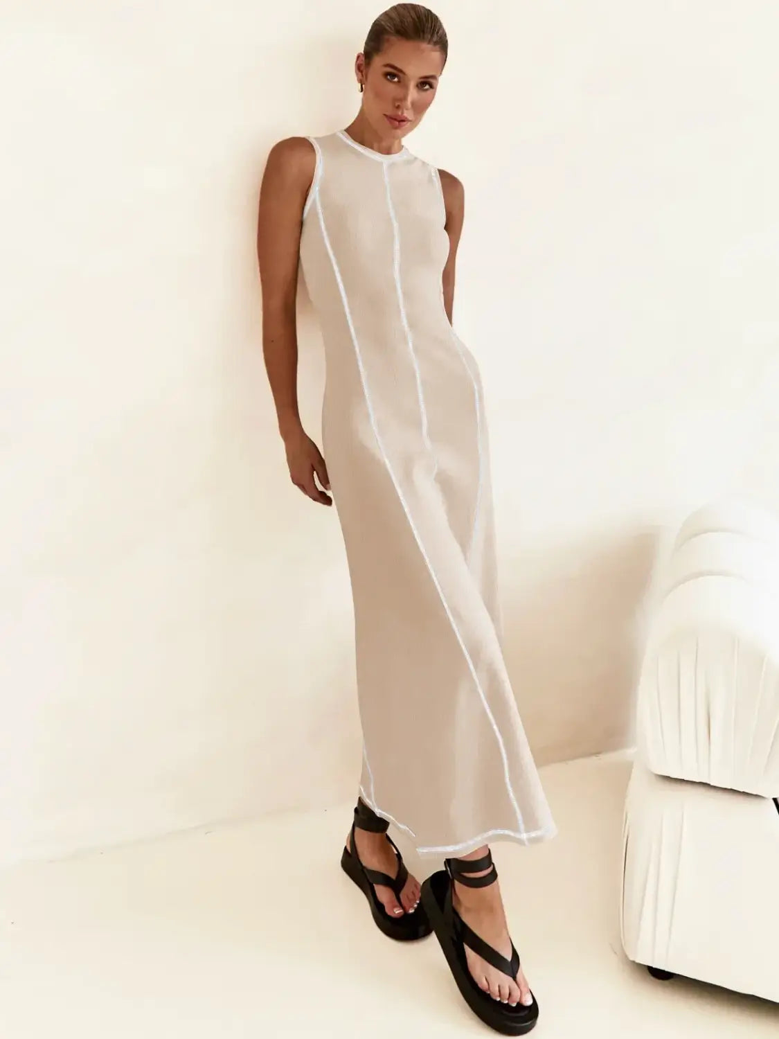 Women Clothing Knitted Long Skirt Simple Round Neck Sleeveless Female Vestidos