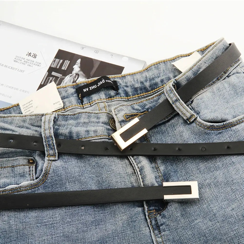 Women Thin Belt Black PU Leather