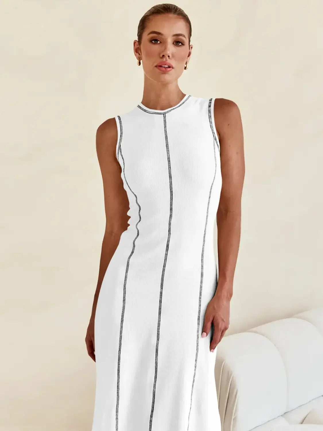 Women Clothing Knitted Long Skirt Simple Round Neck Sleeveless Female Vestidos