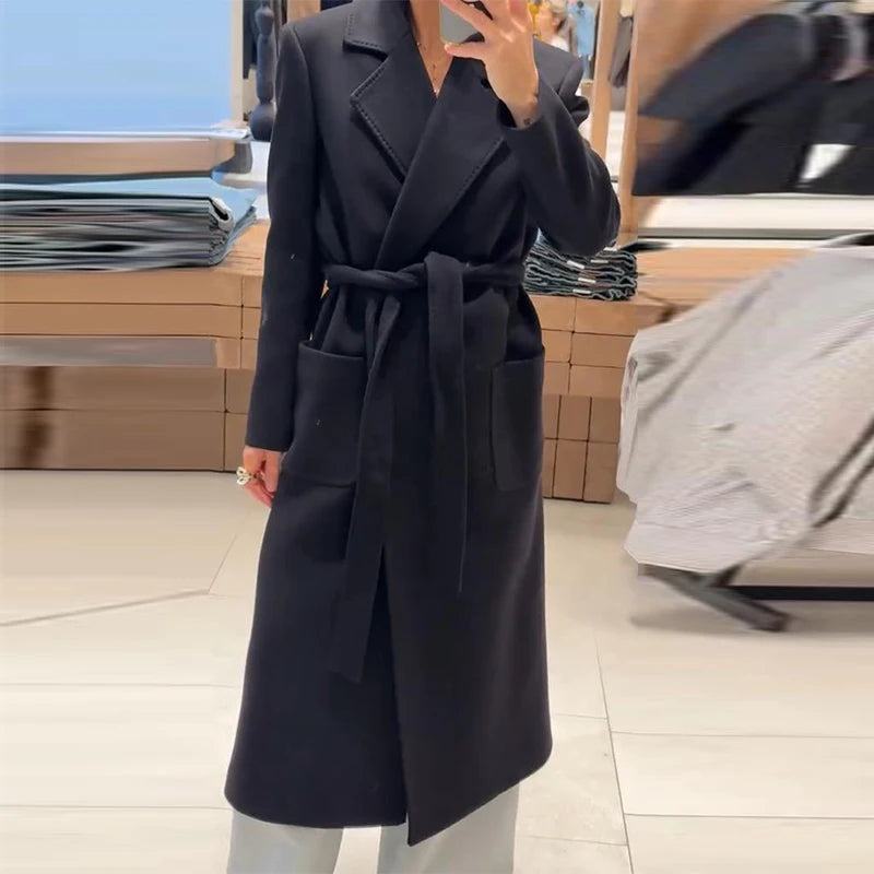 Women’s Overcoat Turn-down Collar Full Sleeve Belt Lace Up Black Long