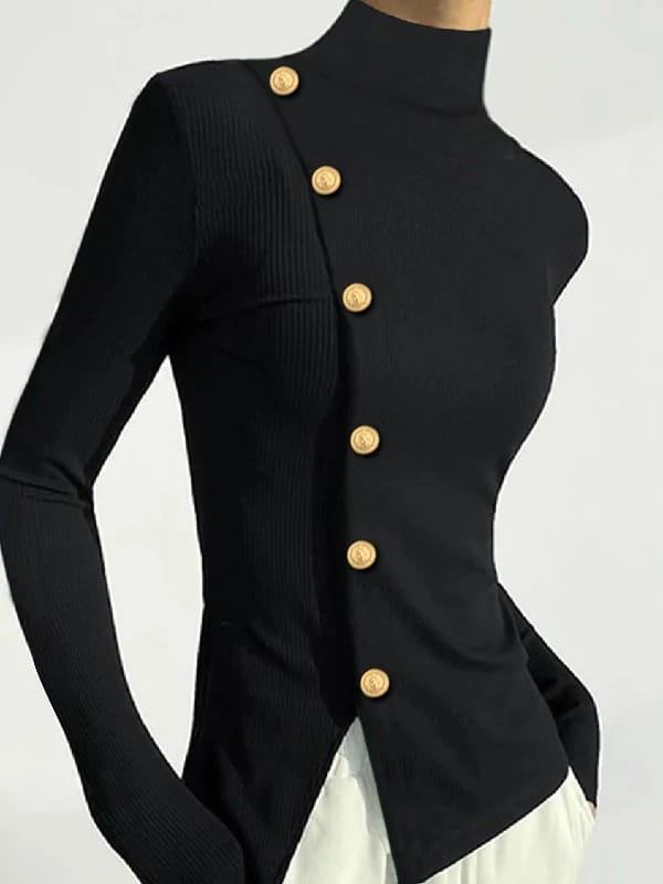 Gold Button Pullover Black Top for Women