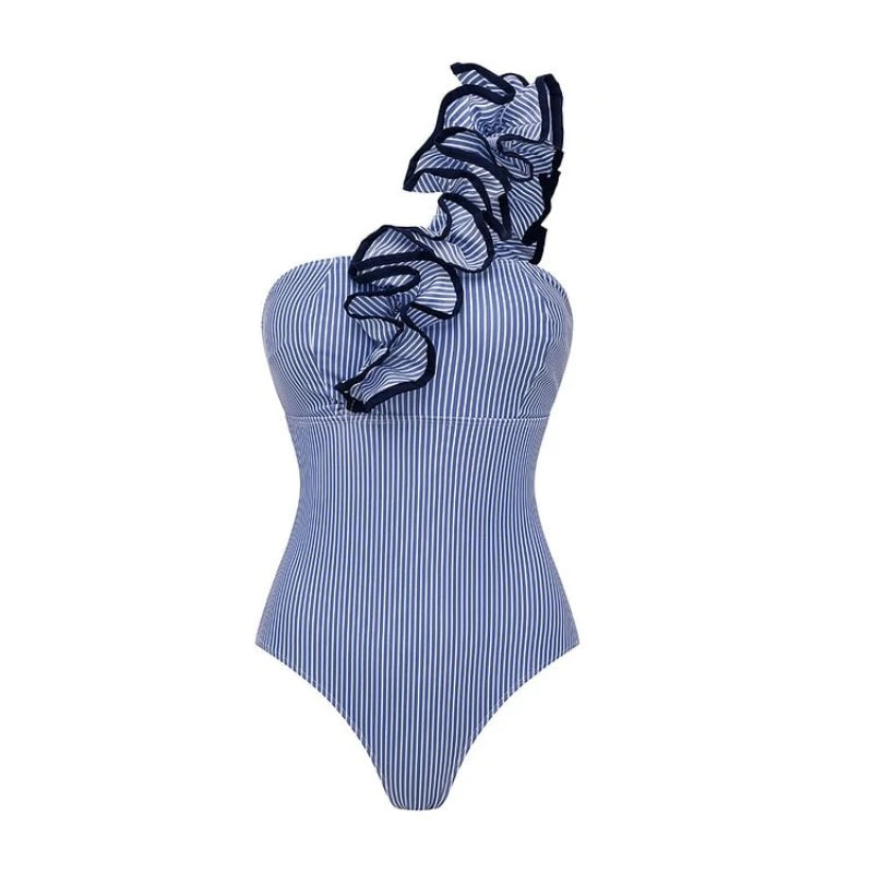 Women One Shoulder Ruffle Stripe Print Swimwear And Skirt Suit - Norellé