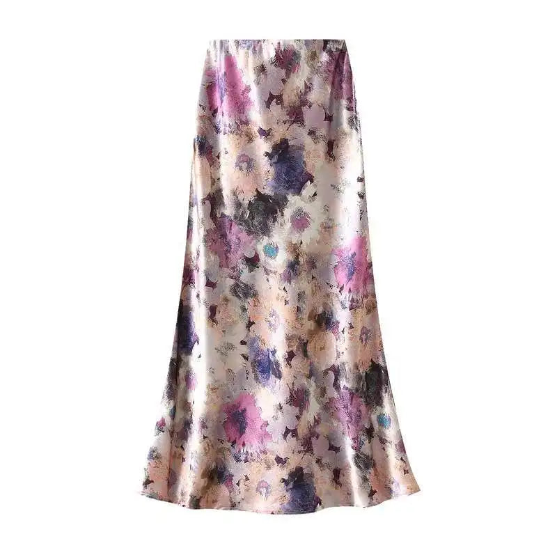 Women Spring Summer Floral Print Satin Long Skirt