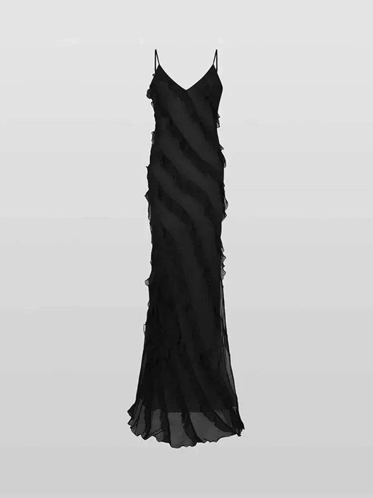 Women Black Stacked Ruffle Hem Long Dress - Norellé