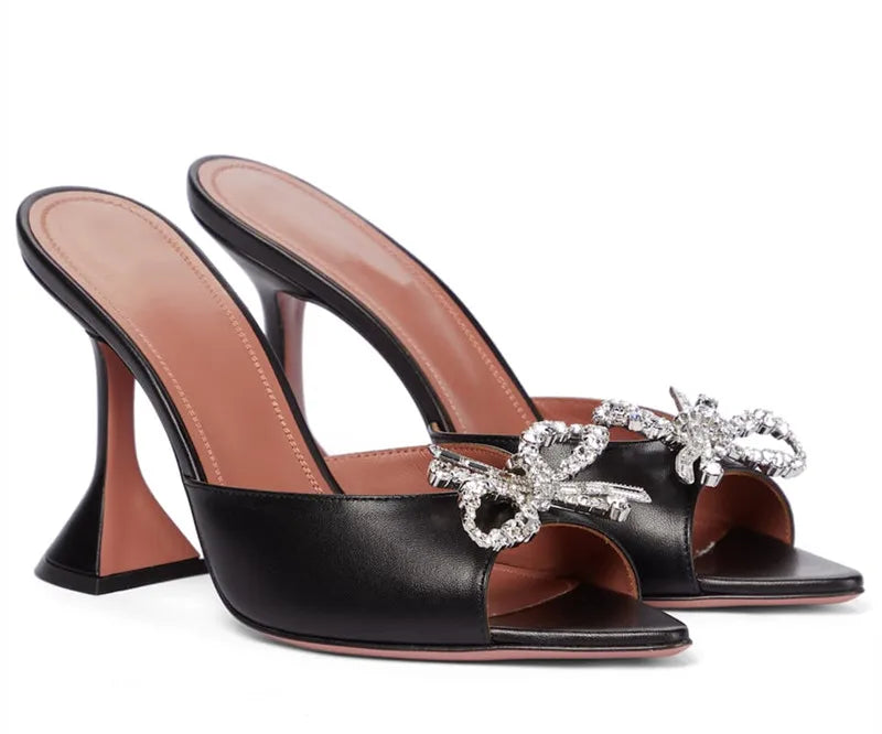 Black PU Leather Crystal Bowknot Women Slippers Sandals