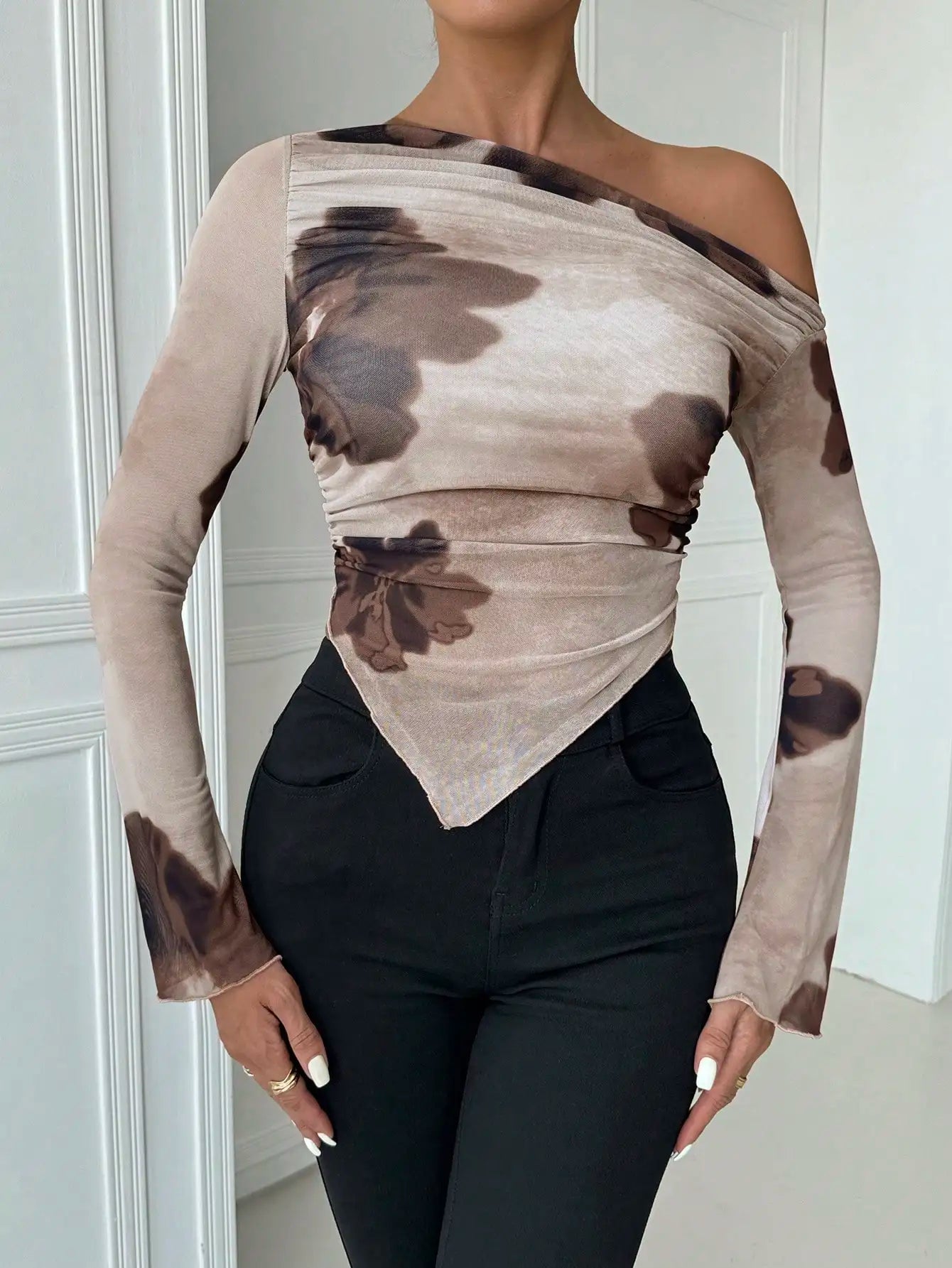 Mesh Print Diagonal Shoulder Long Sleeve Top