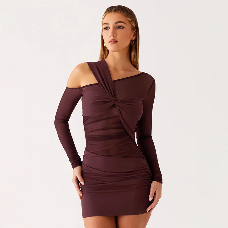 Inclined Shoulder Long Sleeve Mini Dress Women