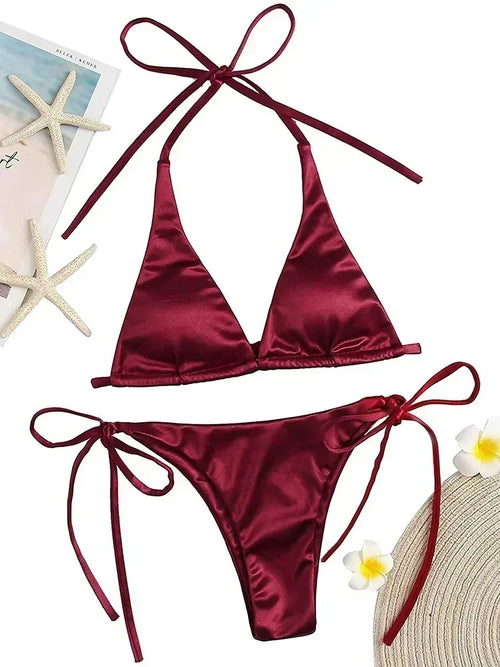 Halter Brazilian Metallic Satin Bikini Women Swimwear Female Swimsuit - Norellé