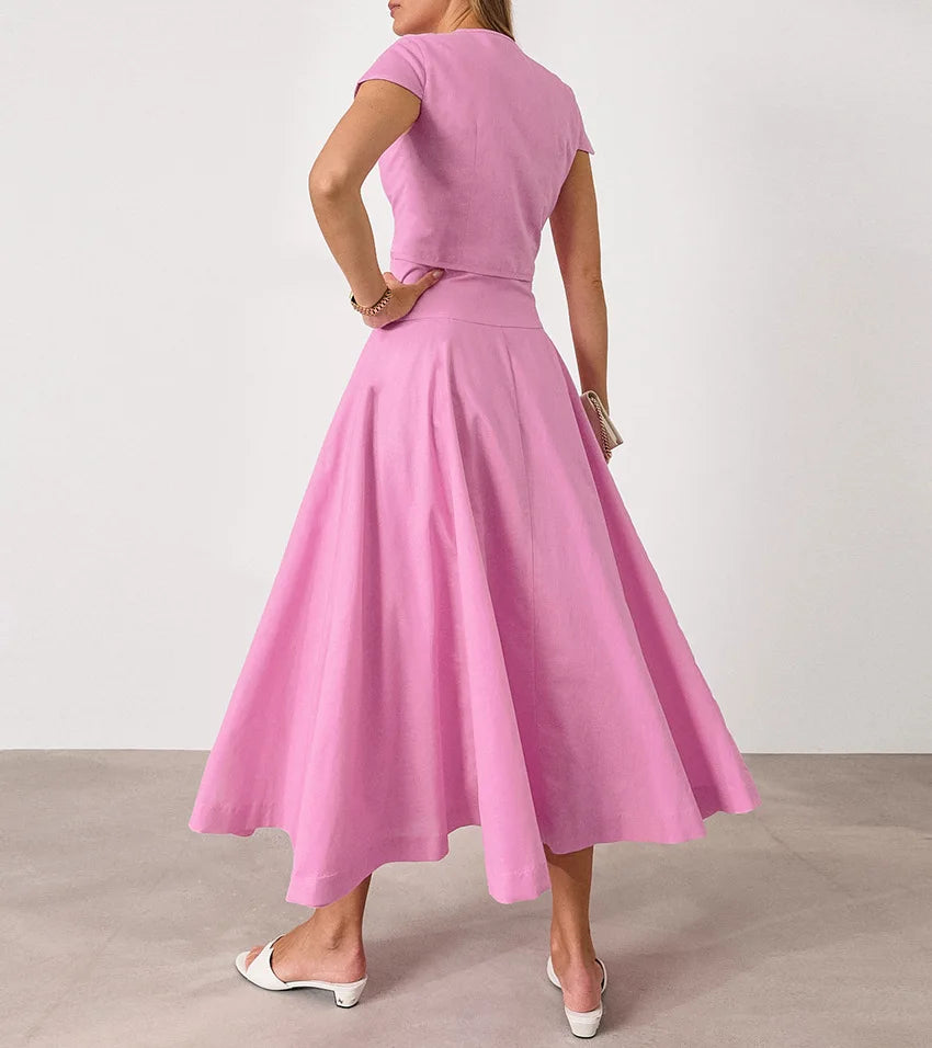 Pink Long Skirt Two Piece Elegant Shirt Button Top Loose A-Line Set