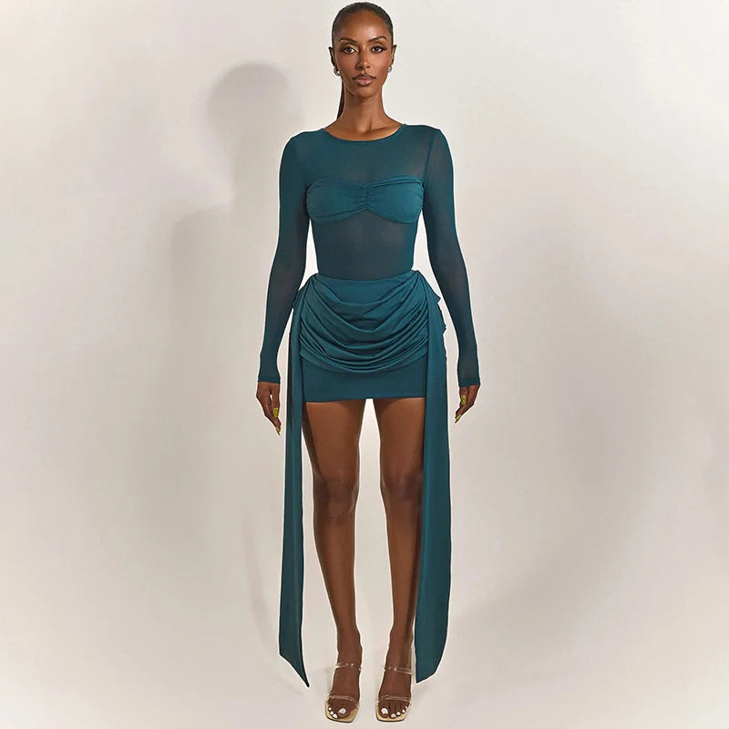 Mesh Patchwork Ruched Mini Dress Women