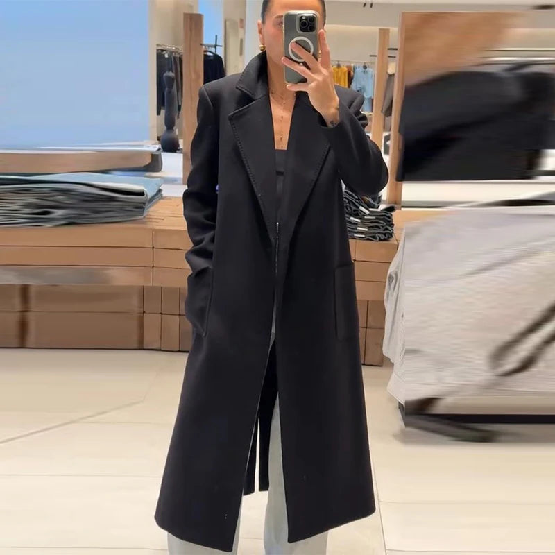 Women’s Overcoat Turn-down Collar Full Sleeve Belt Lace Up Black Long