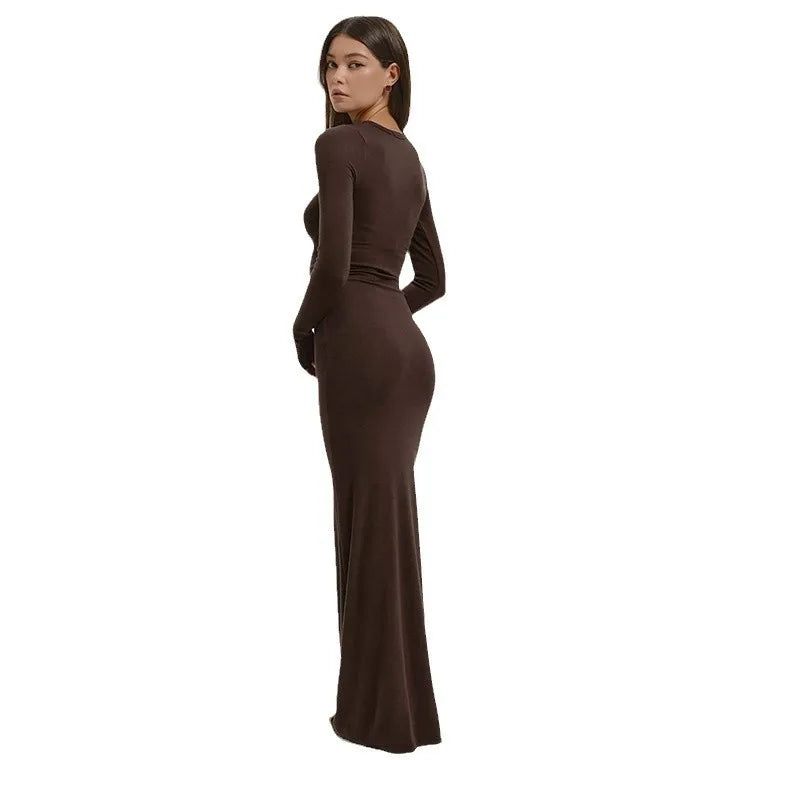 Women's Solid Color Round Neck Long Sleeve Dress - Norellé
