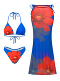 Flower Print Bikini Set Women's High Waist Long Skirt 3 Piece Swimsuit - Norellé
