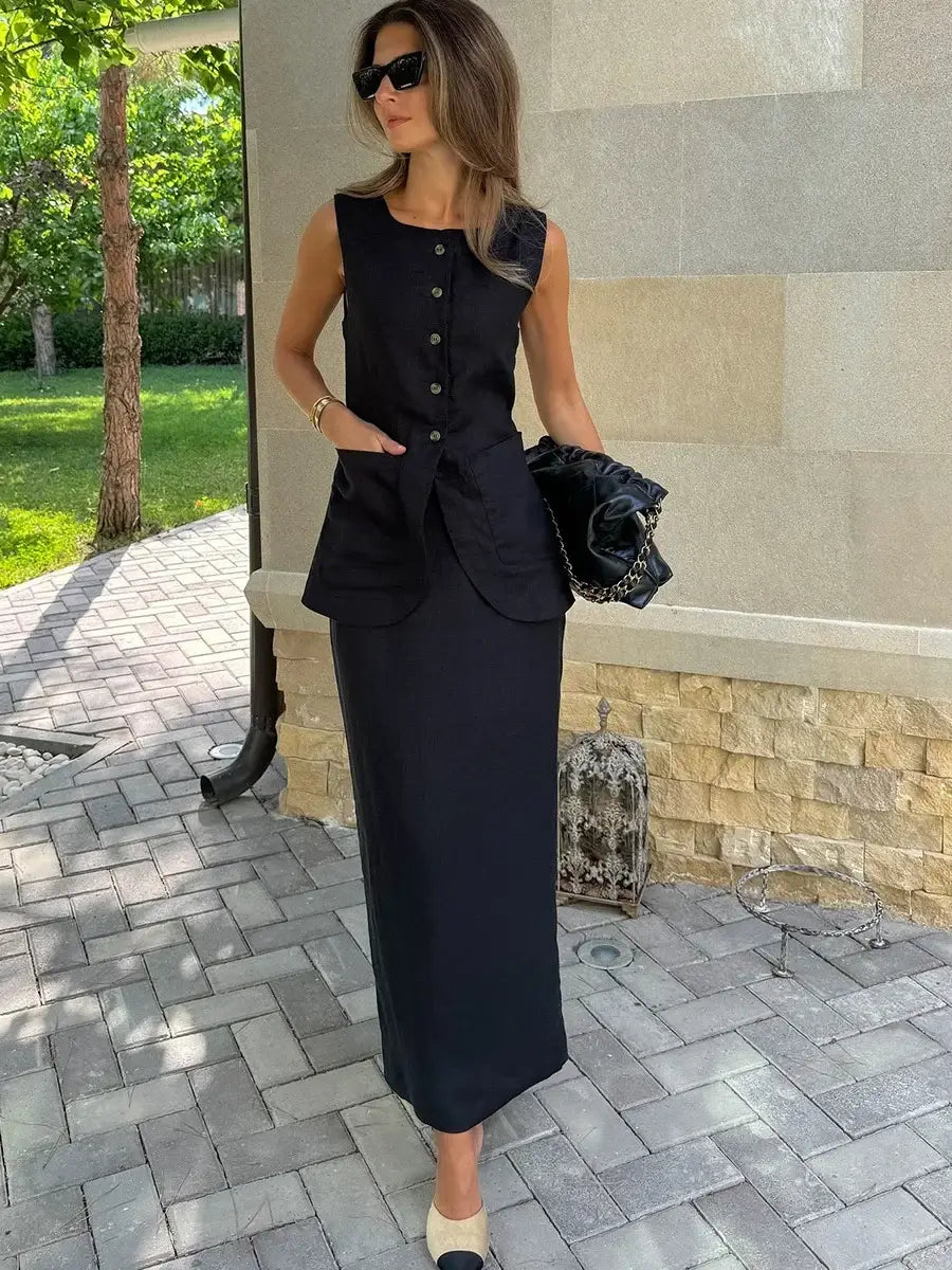 Women’s Sleeveless Vest High Waisted Skirt 2-Piece Set