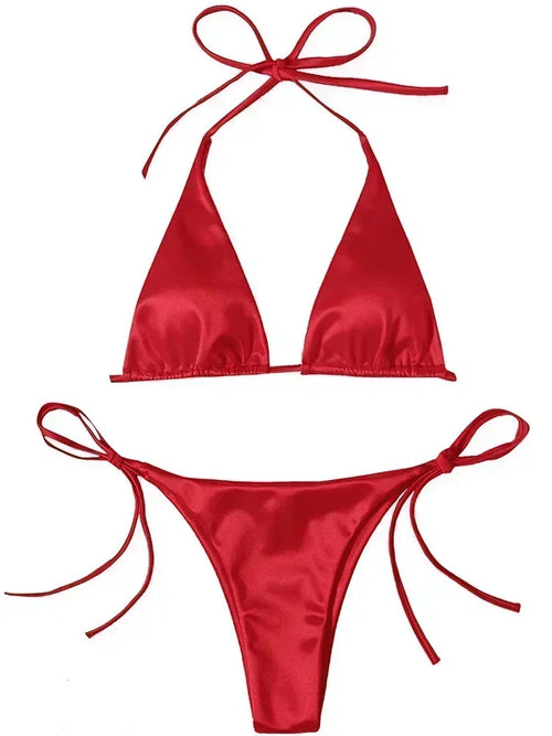 Halter Brazilian Metallic Satin Bikini Women Swimwear Female Swimsuit - Norellé
