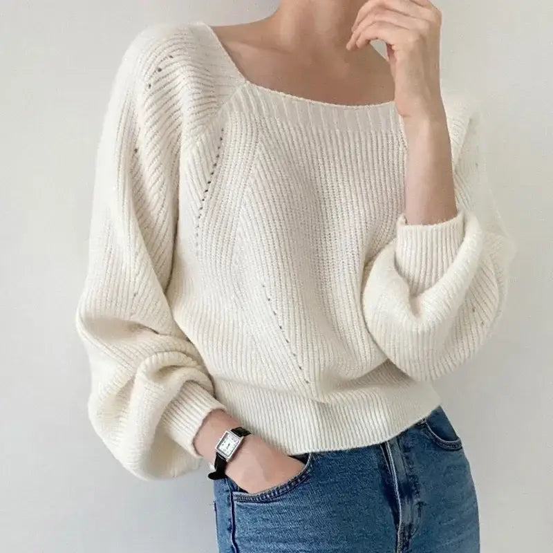 Elegant Square Neck Retro Casual Women Knitted Sweater