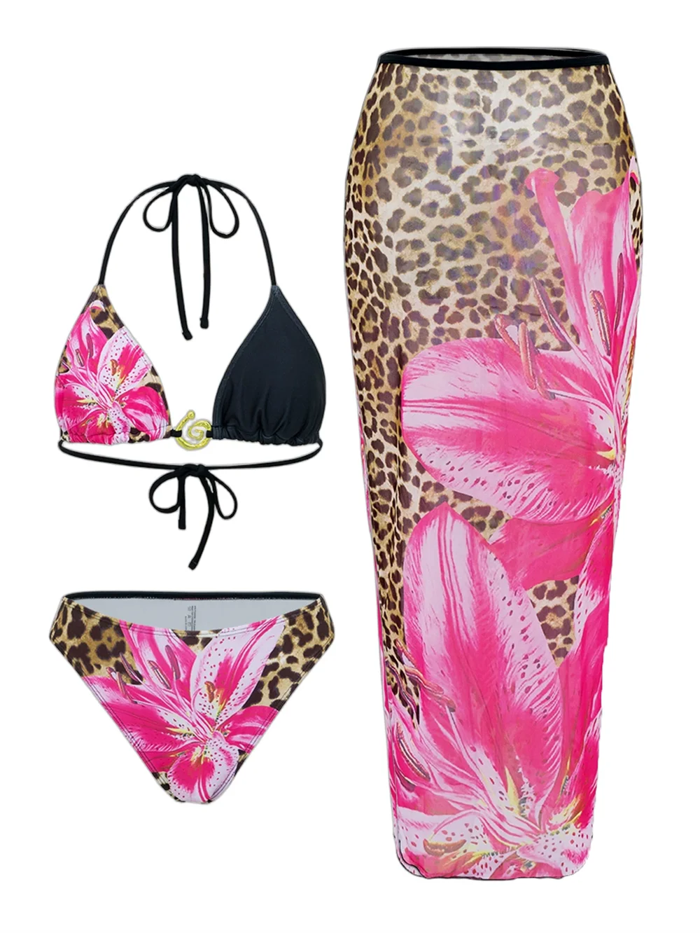 Flower Print Bikini Set Women's High Waist Long Skirt 3 Piece Swimsuit - Norellé