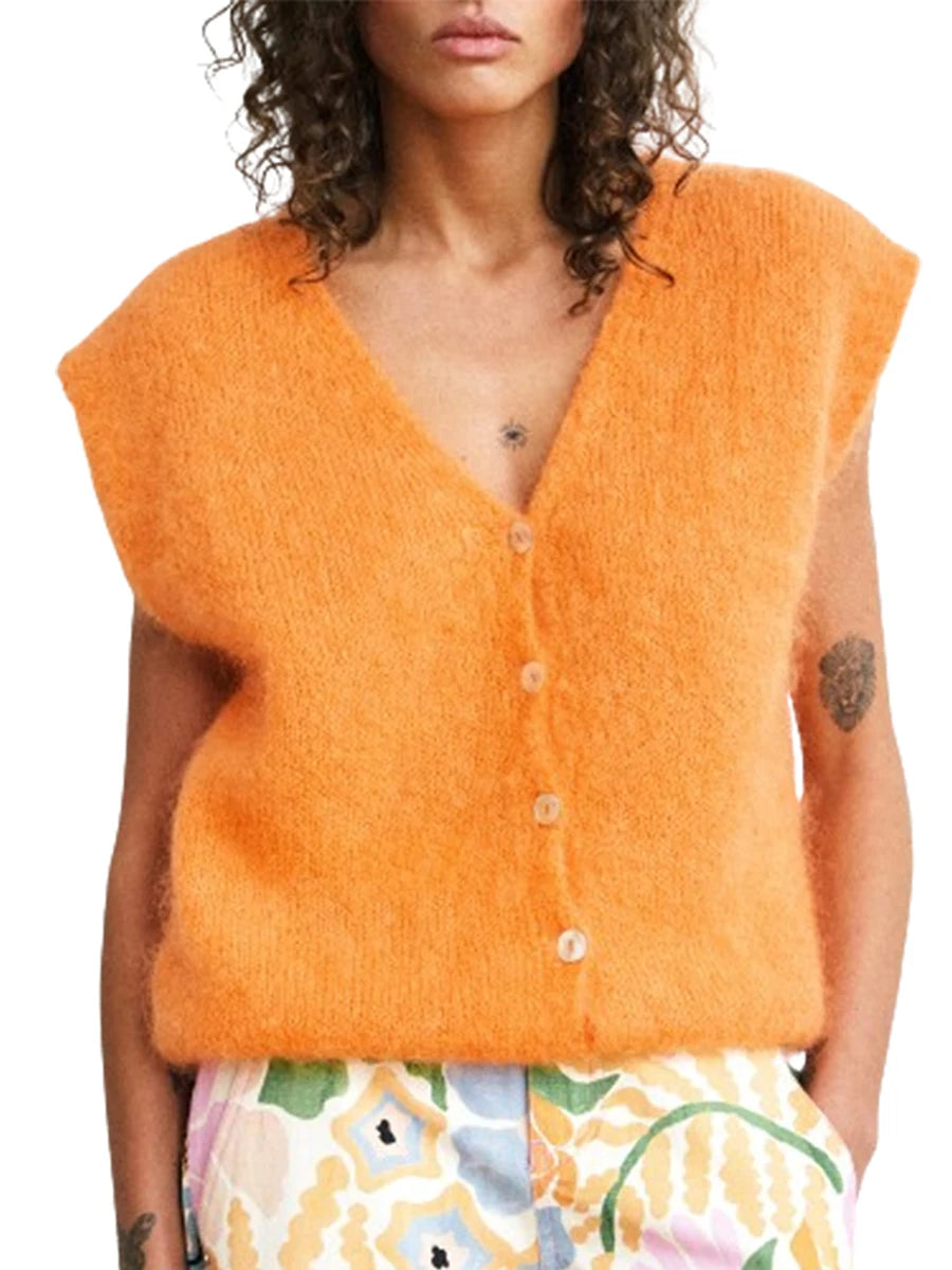 Women Knit Vest Elegant Furry Sleeveless Button